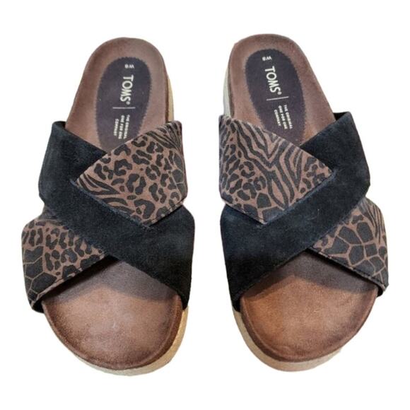 Toms Paloma leopard print Platform black suede strappy sandals slides size 8 - Picture 2 of 8